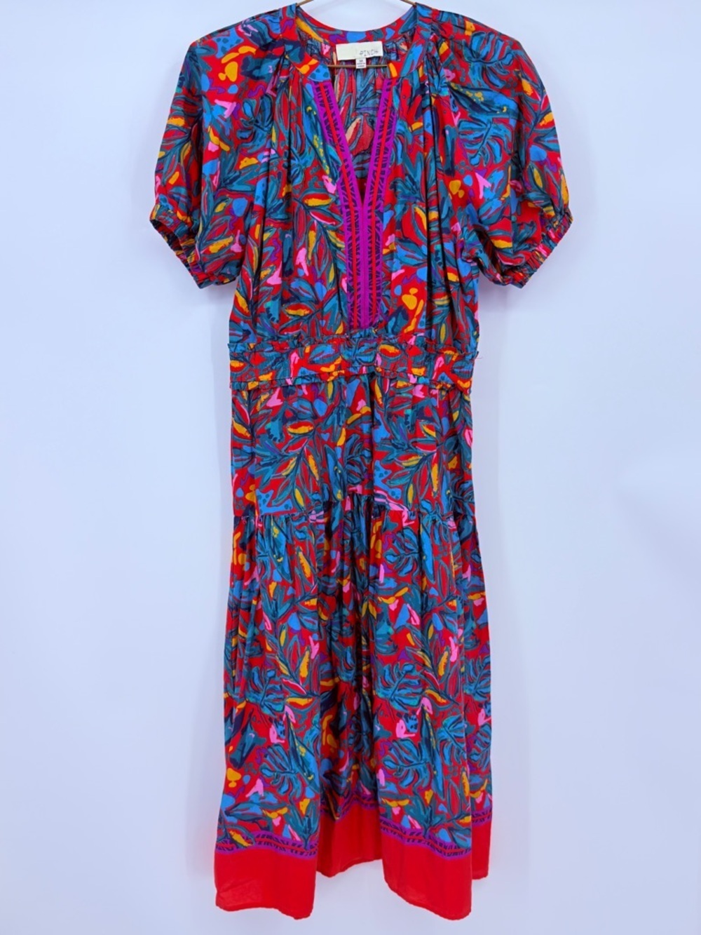 Pinch Colorful Floral Midi Dress Size M 100% Cotton Boho Puff Sleeve Print